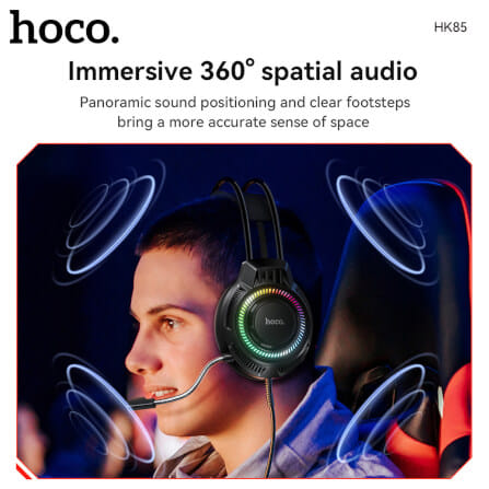 หูฟังเกมมิ่ง HOCO HK85 ดอกลำโพง 40MM ไมโครโฟน HD ถอดออกได้ แต่งไฟ RGB สายแจ็ค USB ยาว 2 เมตร_6